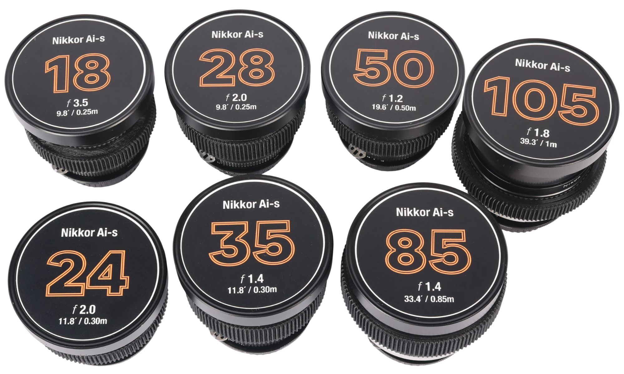 Kit 7 Lentes NIKKOR AI-S 18, 24, 28, 35, 50, 85 e 105mm Cine-Mod