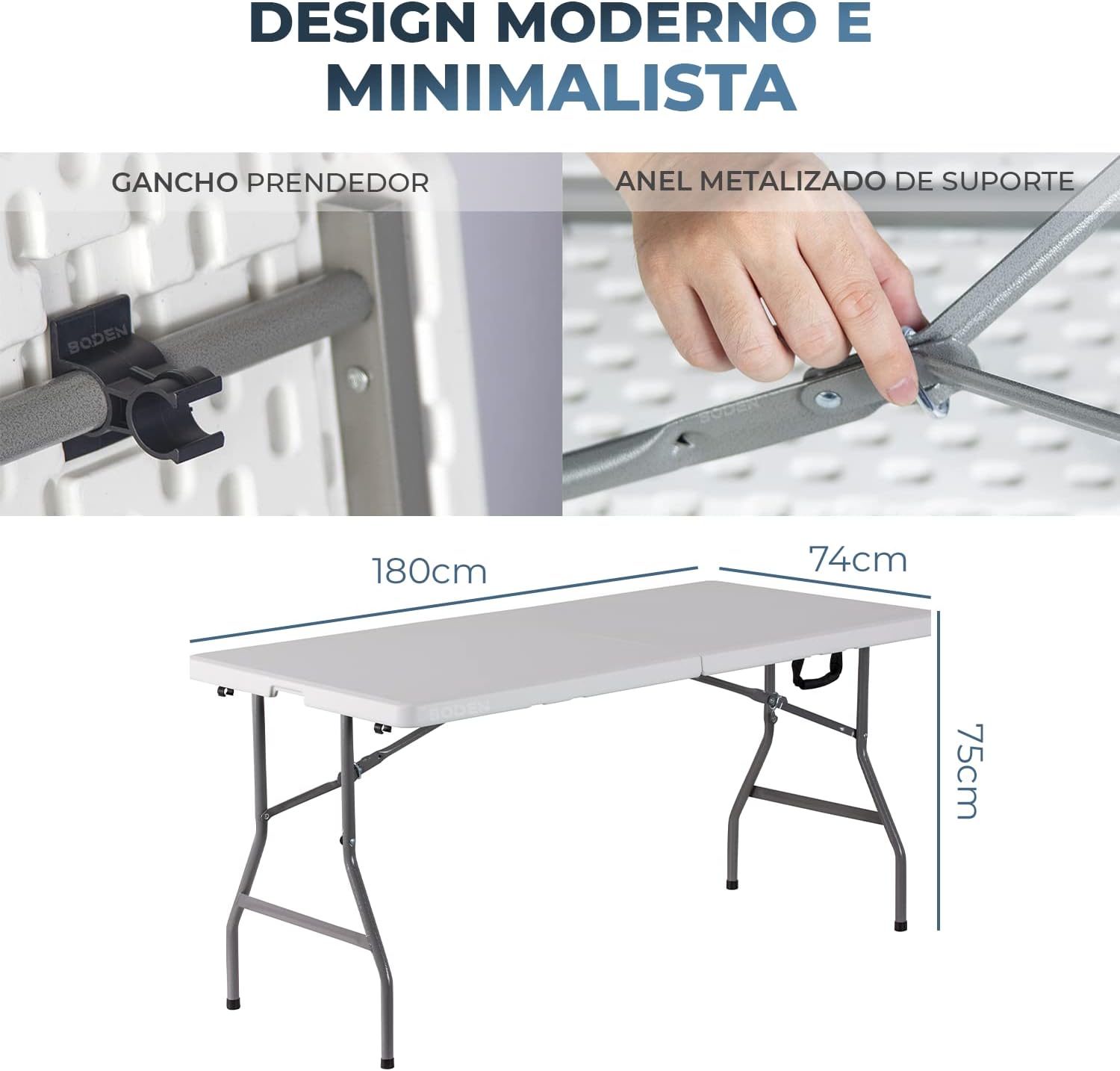 Mesa Dobrável 180cm x 75cm x 74cm Branca com Tecido Preto