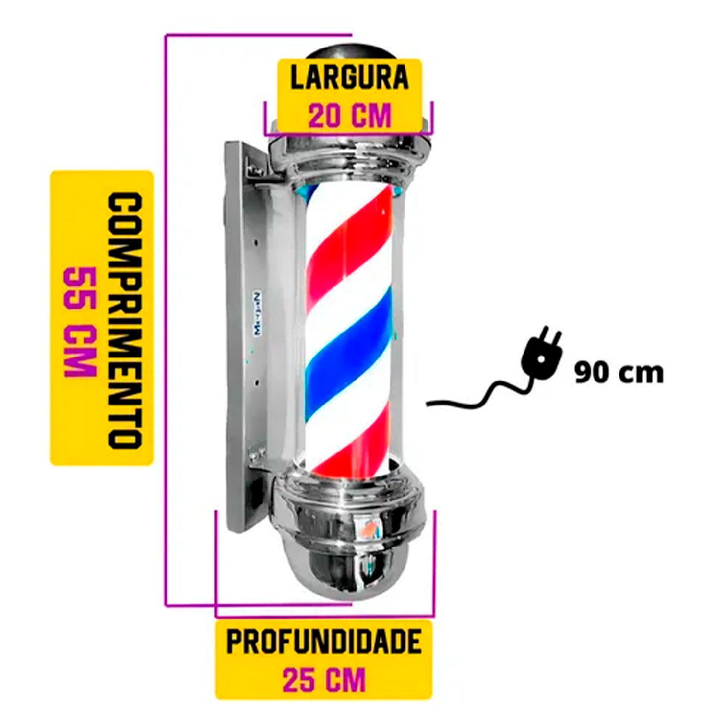 Barber Pole Megan 55cm – Poste de Barbeiro Luminoso Giratório