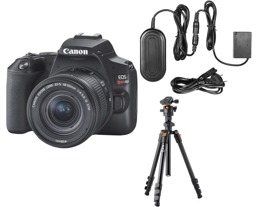 Kit Transmissão - Câmera Canon SL3 DSLR + Lente 18-55mm + Adaptador de Fonte Canon + Tripé K&F Cconcept