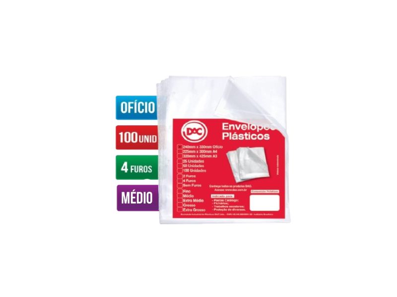 ENVELOPE PLASTICO MEDIO 4 FUROS PCT C/100 (078FU-100) DAC
