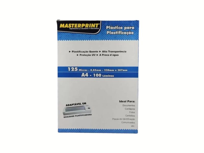 PLASTICO PLASTIFICACAO A4 100 FOLHAS 125MICRAS 0,05 ESPESSURA MASTERPRINT