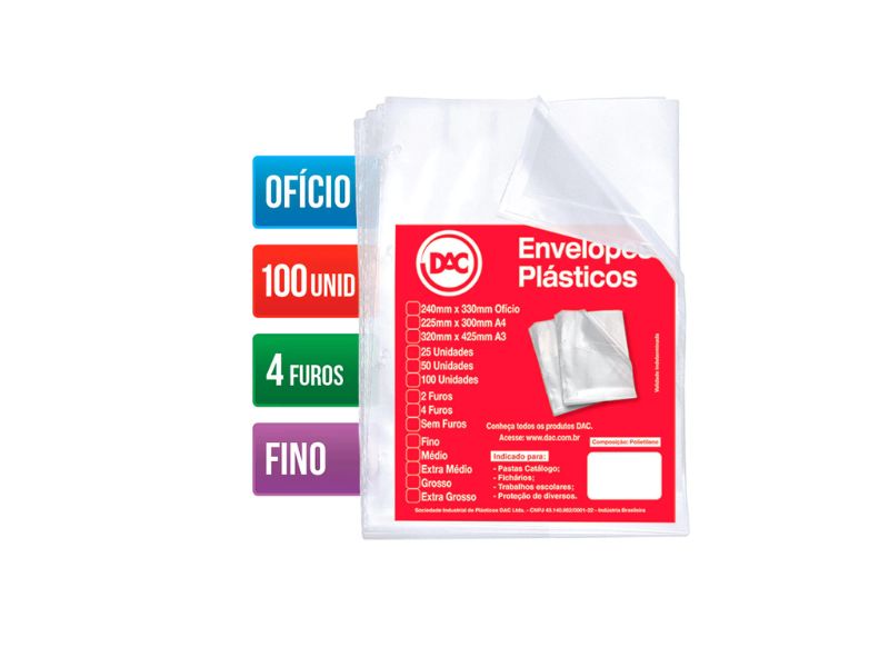 ENVELOPE PLASTICO FINO 4 FUROS PCT C/100  (REF:070FU-100) DAC