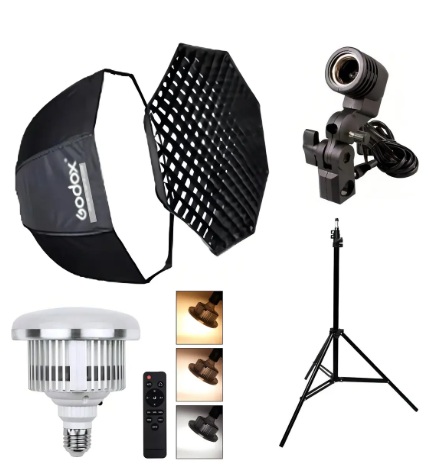 Kit Softbox Godox 80cm Com Grid, Tripé, Suporte e Lâmpada Kit Softbox Godox 80cm Com Grid, Tripé, Suporte e Lâmpada
