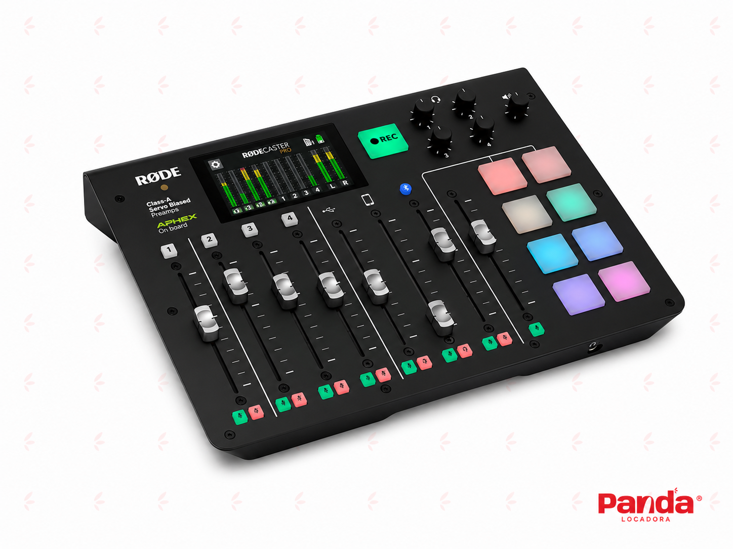 Mesa de podcast RØDECaster Pro com 4 canais, faders, pads programáveis e interface de áudio profissional para streaming e gravação.