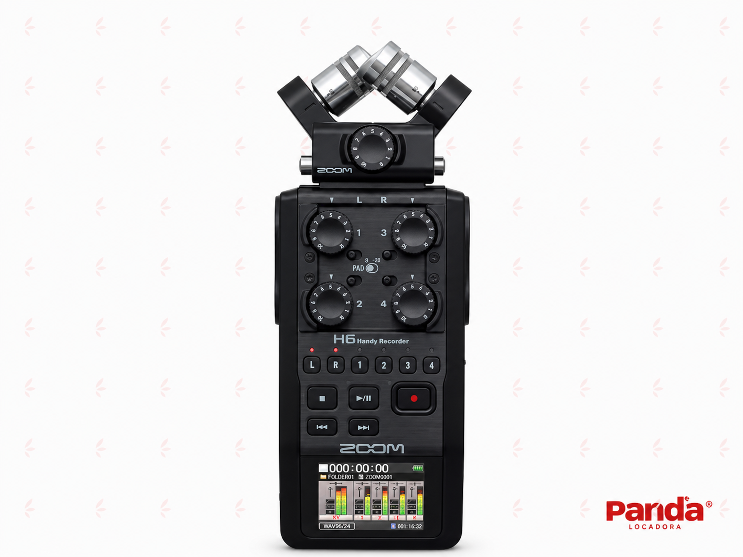 Gravador portátil Zoom H6 com cápsula de microfone XY integrada, 4 entradas XLR/P10 e display LCD para gravação profissional de áudio.